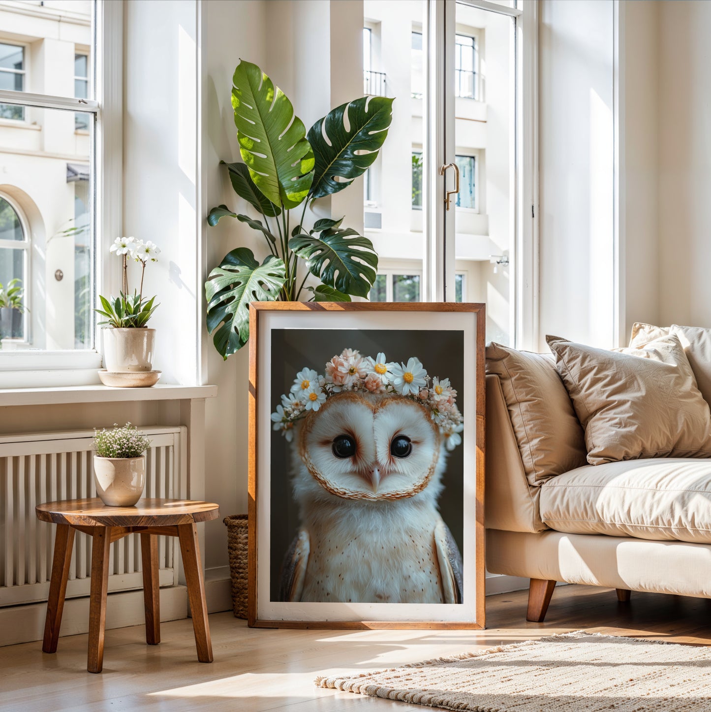 Schleiereule mit Blumen – Hochwertiges Poster für Kinderzimmer & moderne Wanddeko | Gedruckt & versendet