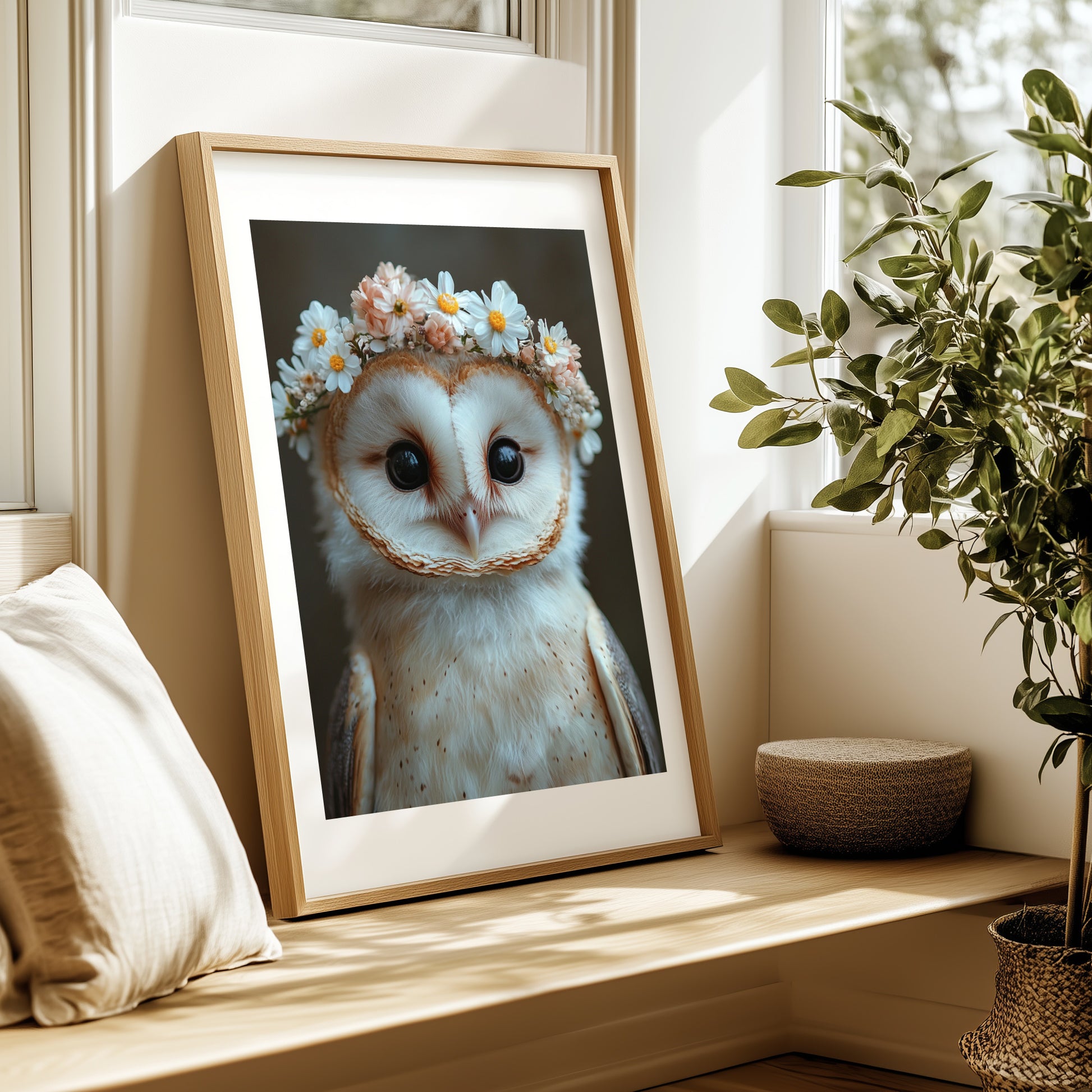 Schleiereule mit Blumen – Hochwertiges Poster für Kinderzimmer & moderne Wanddeko | Gedruckt & versendet
