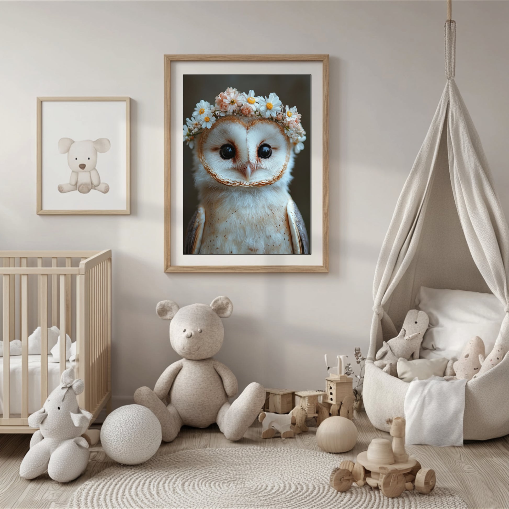 Schleiereule mit Blumen – Hochwertiges Poster für Kinderzimmer & moderne Wanddeko | Gedruckt & versendet