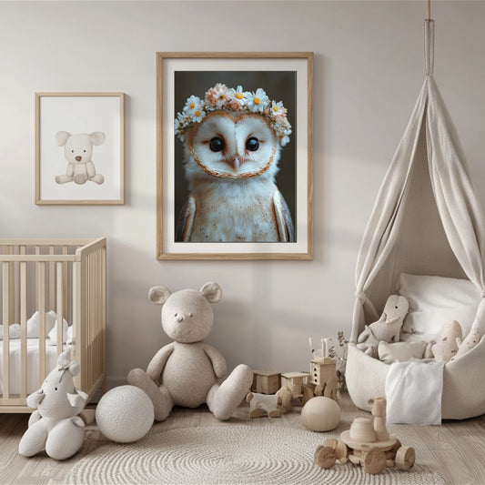 Schleiereule mit Blumen – Hochwertiges Poster für Kinderzimmer & moderne Wanddeko | Gedruckt & versendet