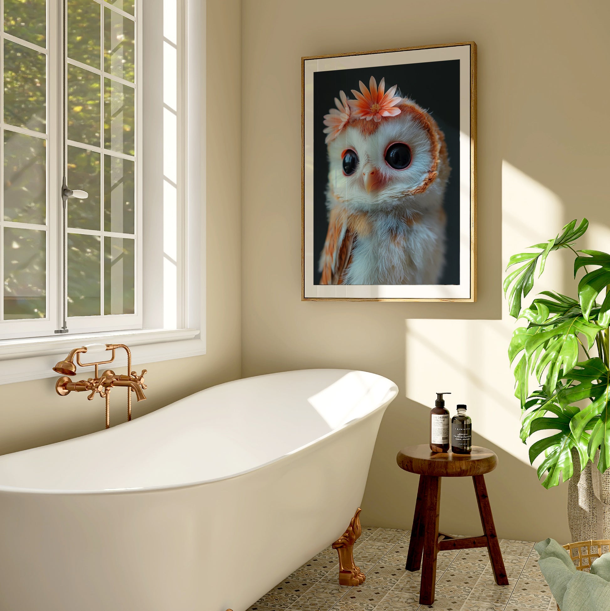 Printable barn owl wall art with two flowers on head – a sweet woodland-themed illustration perfect for nursery decor, kids’ rooms, or animal lovers. High-resolution digital download in various sizes. This calm and whimsical design adds a nature-inspired touch to any room. A gentle and exclusive Dezinbazar creation.