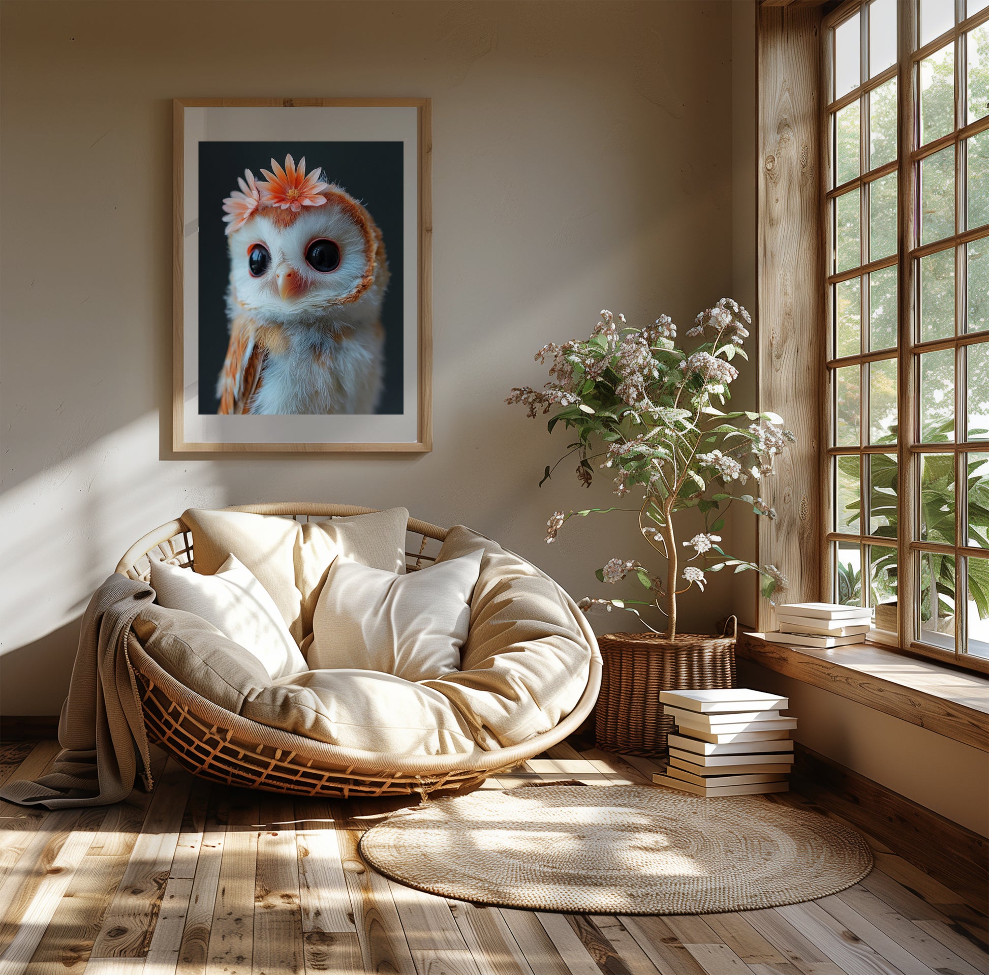 Printable barn owl wall art with two flowers on head – a sweet woodland-themed illustration perfect for nursery decor, kids’ rooms, or animal lovers. High-resolution digital download in various sizes. This calm and whimsical design adds a nature-inspired touch to any room. A gentle and exclusive Dezinbazar creation.