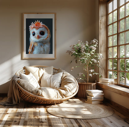 Printable barn owl wall art with two flowers on head – a sweet woodland-themed illustration perfect for nursery decor, kids’ rooms, or animal lovers. High-resolution digital download in various sizes. This calm and whimsical design adds a nature-inspired touch to any room. A gentle and exclusive Dezinbazar creation.