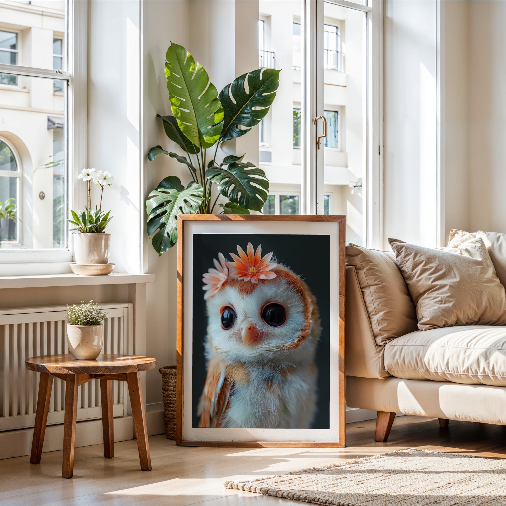 Printable barn owl wall art with two flowers on head – a sweet woodland-themed illustration perfect for nursery decor, kids’ rooms, or animal lovers. High-resolution digital download in various sizes. This calm and whimsical design adds a nature-inspired touch to any room. A gentle and exclusive Dezinbazar creation.