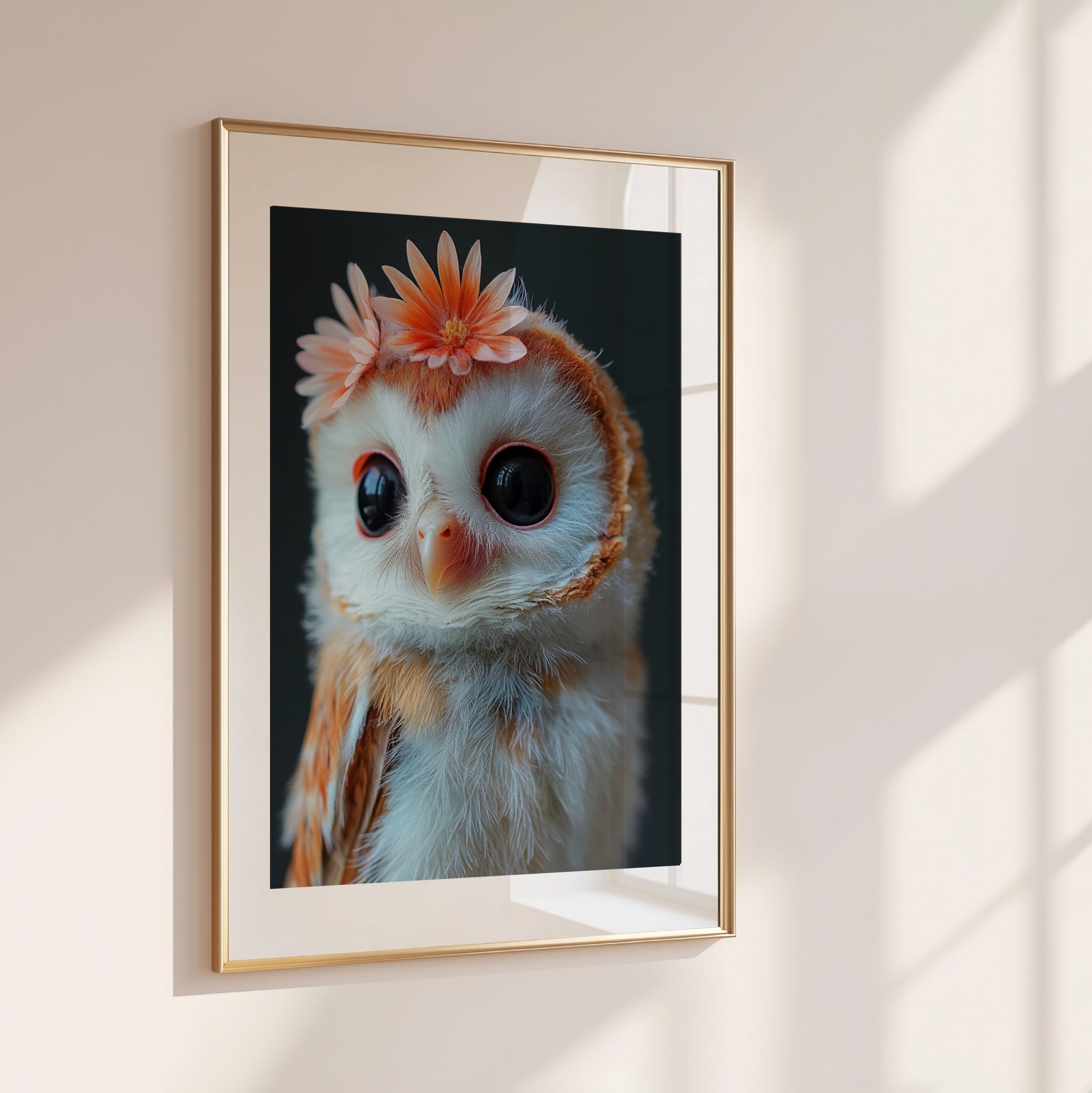Printable barn owl wall art with two flowers on head – a sweet woodland-themed illustration perfect for nursery decor, kids’ rooms, or animal lovers. High-resolution digital download in various sizes. This calm and whimsical design adds a nature-inspired touch to any room. A gentle and exclusive Dezinbazar creation.