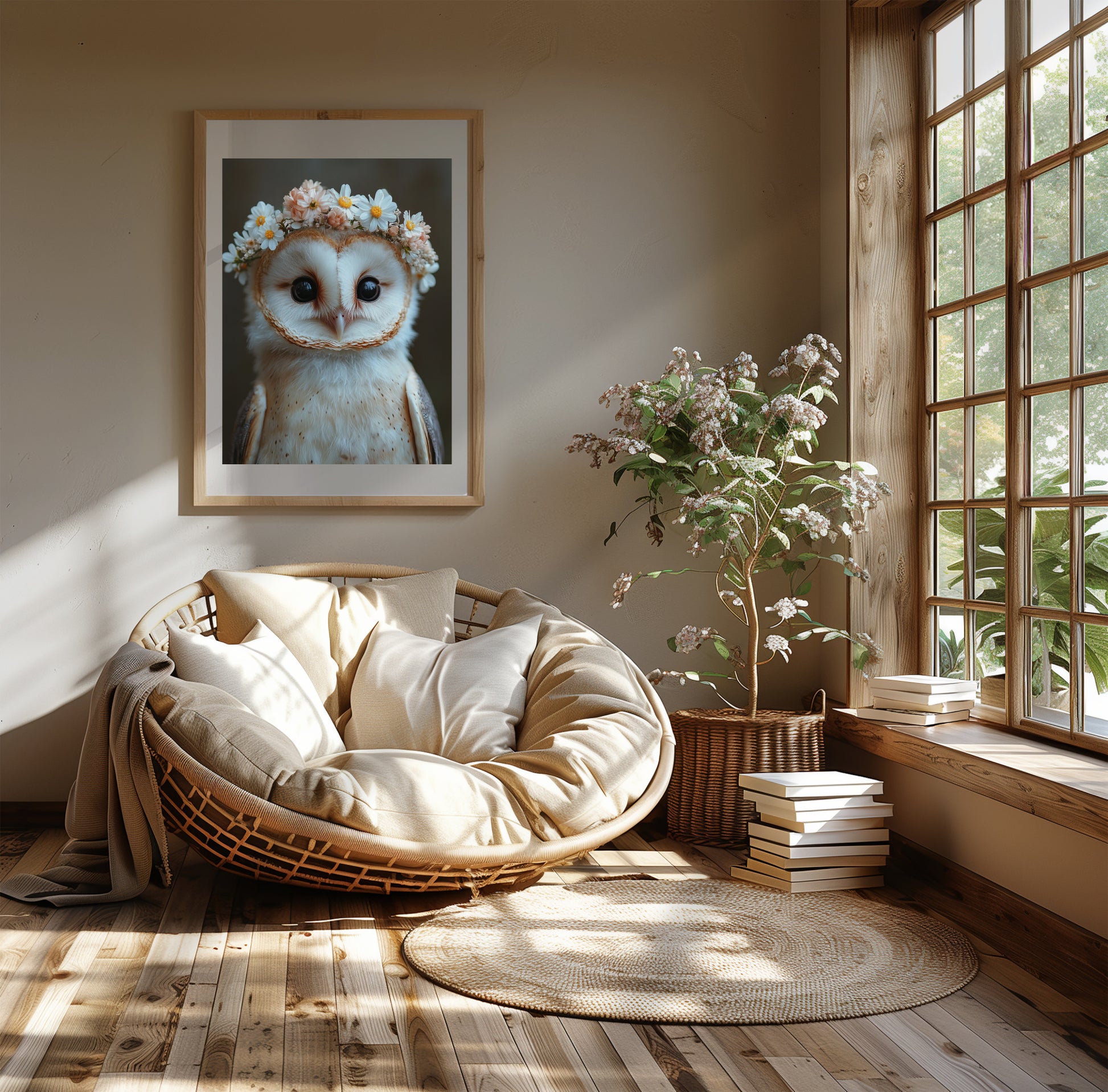 Charming barn owl wall art with floral crown, perfect for woodland nursery decor, kids’ rooms, or nature-themed interiors. This printable art includes high-res digital files in multiple sizes for easy printing. Ideal gift for animal lovers and gentle forest-inspired rooms. A unique and heartwarming Dezinbazar design.