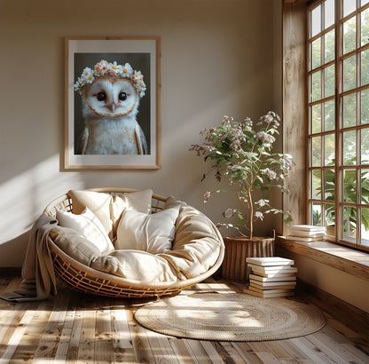 Charming barn owl wall art with floral crown, perfect for woodland nursery decor, kids’ rooms, or nature-themed interiors. This printable art includes high-res digital files in multiple sizes for easy printing. Ideal gift for animal lovers and gentle forest-inspired rooms. A unique and heartwarming Dezinbazar design.