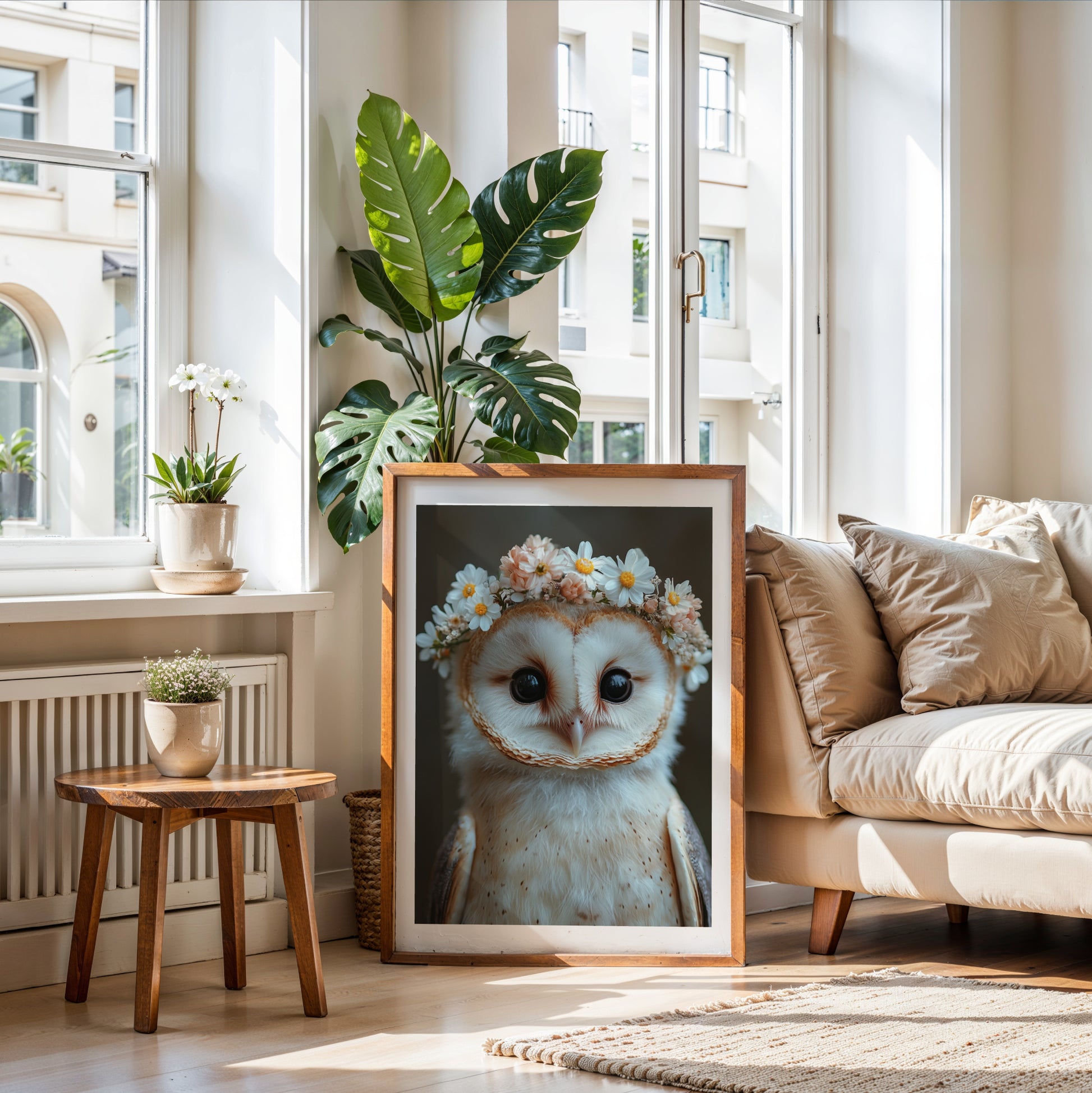 Charming barn owl wall art with floral crown, perfect for woodland nursery decor, kids’ rooms, or nature-themed interiors. This printable art includes high-res digital files in multiple sizes for easy printing. Ideal gift for animal lovers and gentle forest-inspired rooms. A unique and heartwarming Dezinbazar design.