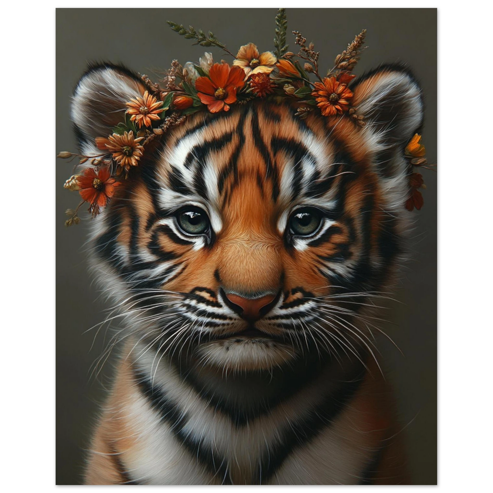 Set of 3 jungle animal posters featuring baby tiger, chimp, and parrot – each wearing flower crowns. Printed on semi-glossy, FSC-certified premium paper (200 g/m²). Available in sizes like A4, A3, A2, A1, A0 and 30×40 cm or 50×70 cm – fits popular IKEA frames such as RIBBA or LOMVIKEN. Perfect as nursery or kids room decor. Be proud. Be kind. Be wild – by Dezinbazar.