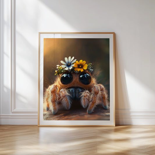 Adorable baby spider with flower crown – printable digital wall art for nursery, kids room or bathroom. A whimsical and surprisingly sweet design for insect lovers and curious minds. High-resolution JPGs in multiple sizes. A Dezinbazar original.
