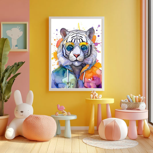 Stylisches Aquarell Tiger Poster – Tiger mit Sonnenbrille | Hochwertiger Kunstdruck für moderne Wanddeko