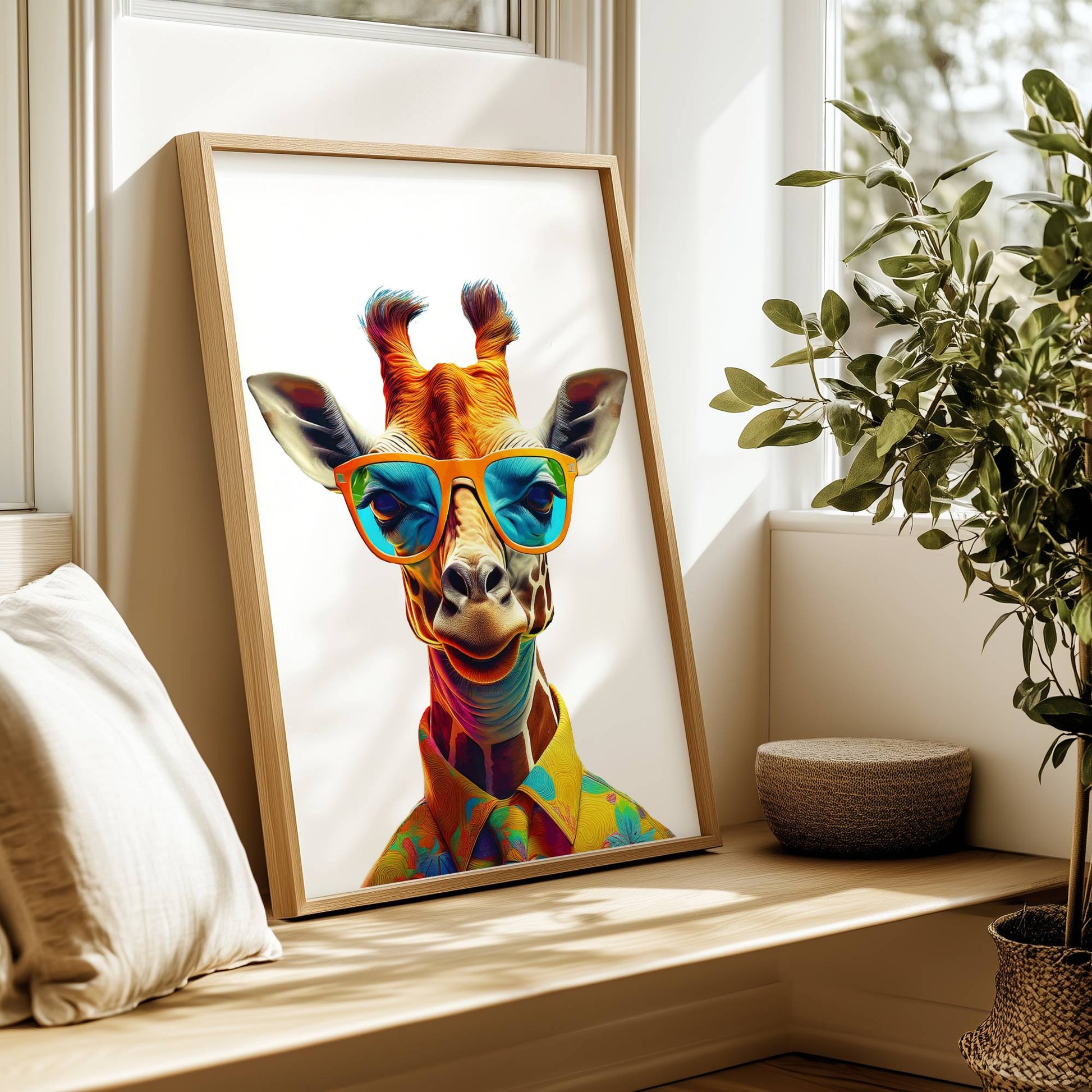Cool giraffe wearing sunglasses – high-resolution digital print for instant download. A fun and stylish animal artwork perfect for living rooms, offices, or creative spaces. This modern giraffe design adds personality and urban flair to any wall. Great gift for art lovers, trendsetters, or animal fans. Includes 300 DPI JPEG files in multiple sizes for easy printing. No physical product or frame included.