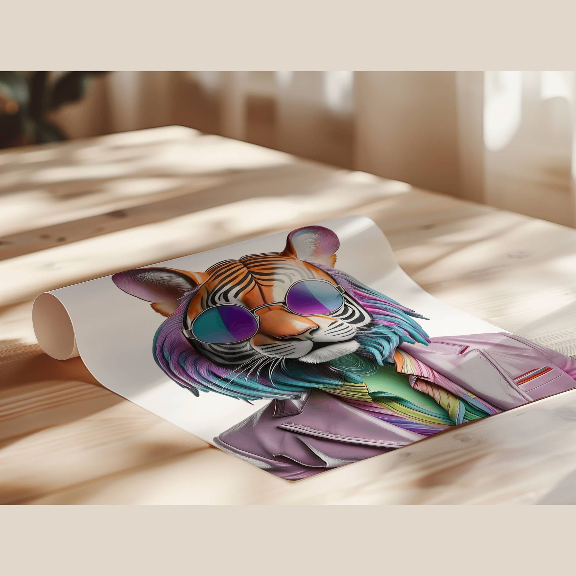 Stylisches Tiger Poster – Tiger mit Sonnenbrille  Hochwertiger Kunstdruck für moderne Wanddeko