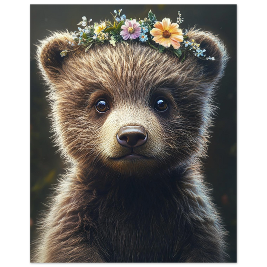 Sweet baby bear poster with flower crown – printed on 200 gsm semi-glossy FSC-certified paper. This woodland-themed nursery print is available in sizes A4 to A0 and 30×40 cm to 50×70 cm. A perfect forest animal print for nursery walls or as a gift for new parents. Fits standard frames (e.g. IKEA RIBBA or HOVSTA). Be proud. Be kind. Be wild – by Dezinbazar.