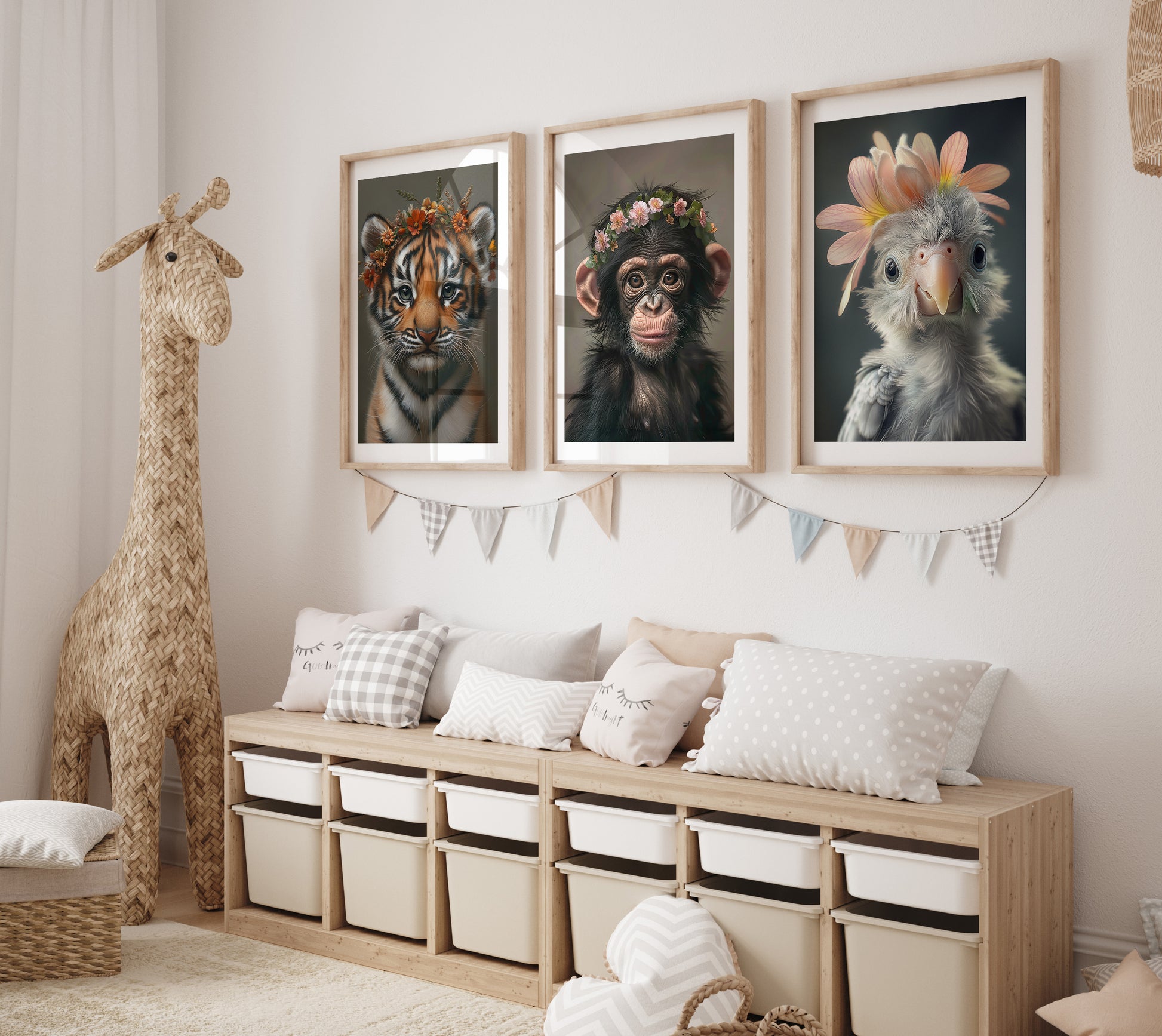 Set of 3 jungle animal posters featuring baby tiger, chimp, and parrot – each wearing flower crowns. Printed on semi-glossy, FSC-certified premium paper (200 g/m²). Available in sizes like A4, A3, A2, A1, A0 and 30×40 cm or 50×70 cm – fits popular IKEA frames such as RIBBA or LOMVIKEN. Perfect as nursery or kids room decor. Be proud. Be kind. Be wild – by Dezinbazar.
