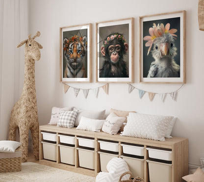 Set of 3 jungle animal posters featuring baby tiger, chimp, and parrot – each wearing flower crowns. Printed on semi-glossy, FSC-certified premium paper (200 g/m²). Available in sizes like A4, A3, A2, A1, A0 and 30×40 cm or 50×70 cm – fits popular IKEA frames such as RIBBA or LOMVIKEN. Perfect as nursery or kids room decor. Be proud. Be kind. Be wild – by Dezinbazar.