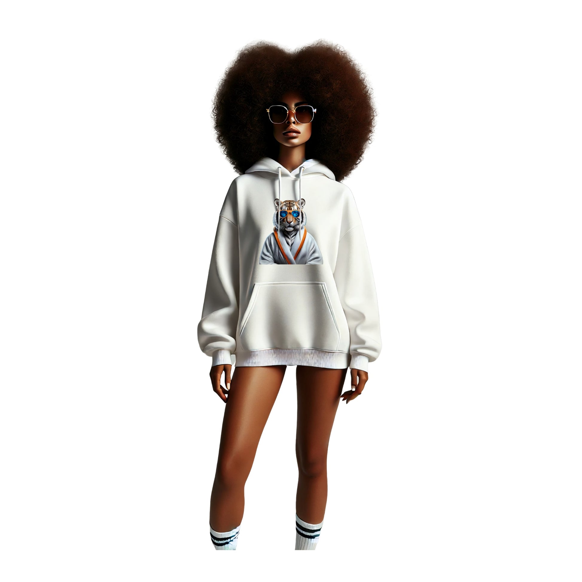 Tiger Hoodie – Unisex Kapuzenpullover mit Tiger im weißen Bademantel & Sonnenbrille | Stylische & bequeme Streetwear