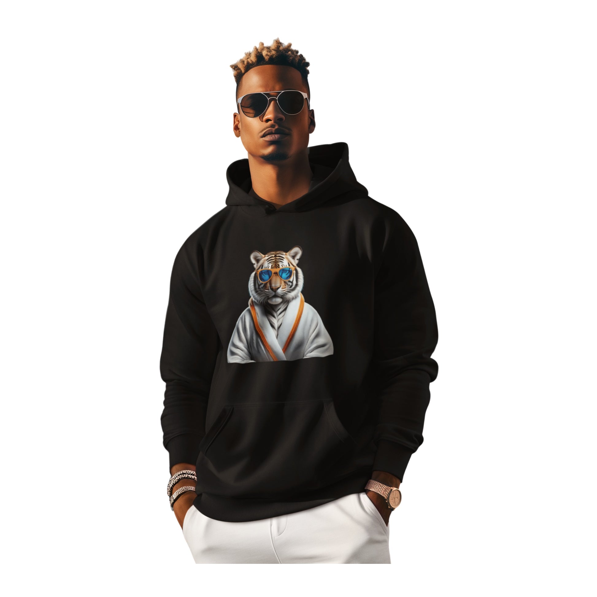 Tiger Hoodie – Unisex Kapuzenpullover mit Tiger im weißen Bademantel & Sonnenbrille | Stylische & bequeme Streetwear