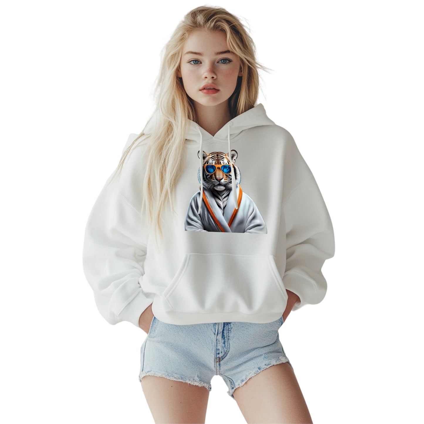 Tiger Hoodie – Unisex Kapuzenpullover mit Tiger im weißen Bademantel & Sonnenbrille | Stylische & bequeme Streetwear