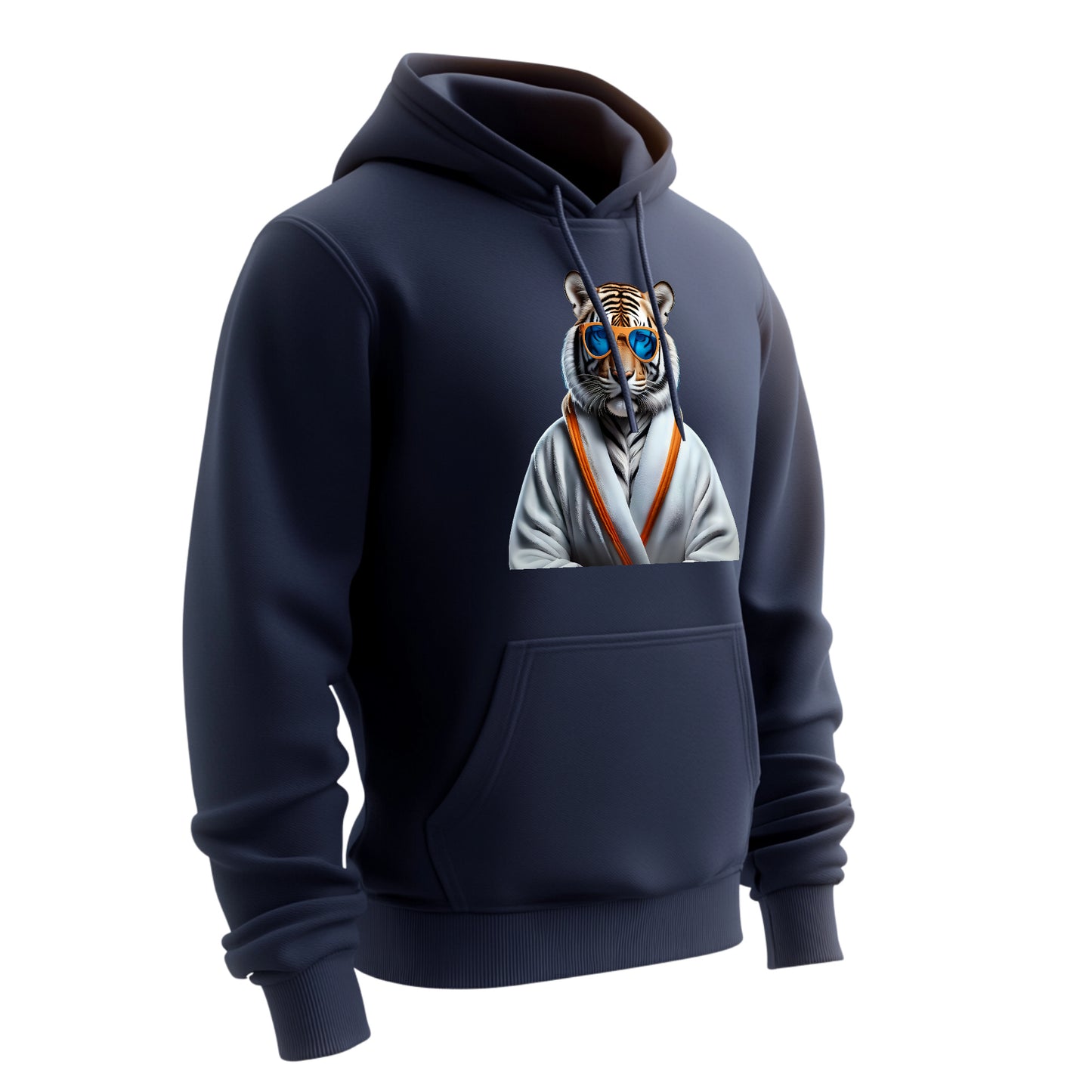 Tiger Hoodie – Unisex Kapuzenpullover mit Tiger im weißen Bademantel & Sonnenbrille | Stylische & bequeme Streetwear