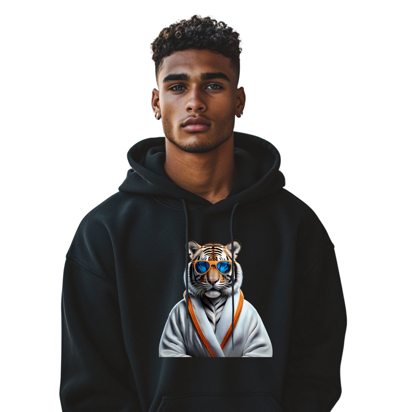 Tiger Hoodie – Unisex Kapuzenpullover mit Tiger im weißen Bademantel & Sonnenbrille | Stylische & bequeme Streetwear