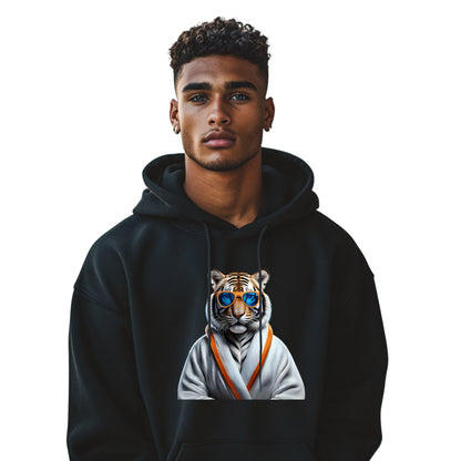 Tiger Hoodie – Unisex Kapuzenpullover mit Tiger im weißen Bademantel & Sonnenbrille | Stylische & bequeme Streetwear