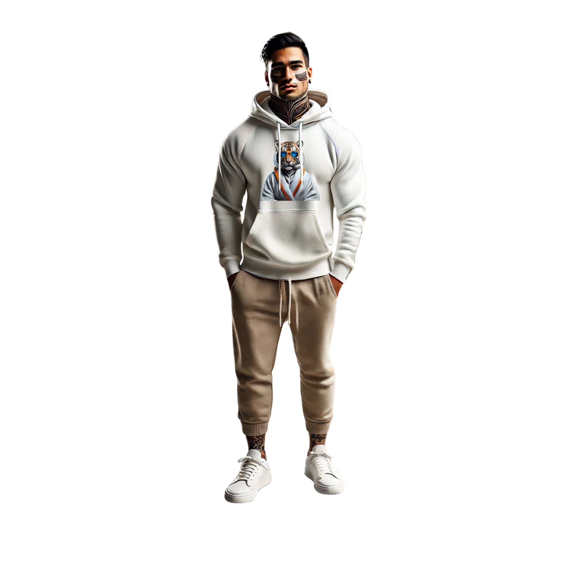 Tiger Hoodie – Unisex Kapuzenpullover mit Tiger im weißen Bademantel & Sonnenbrille | Stylische & bequeme Streetwear