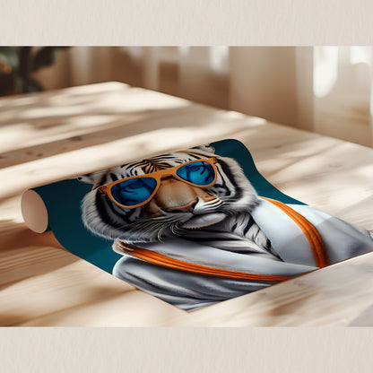 Tiger mit Bademantel Poster – Tiger mit Sonnenbrille Wandbild – Lustiges Tierposter – Moderne Wanddeko – Hochwertiges Kunstposter