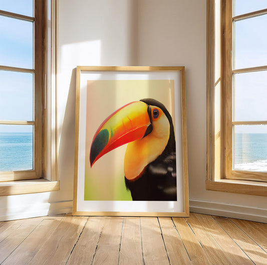 Tropical toucan digital print with vibrant colors and soft pastel background. Perfect for bathrooms, beach houses, or jungle nurseries. High-resolution JPG in multiple sizes from A5 to A0, 30×40 cm and 50×70 cm included. Ideal for bird lovers and tropical wall art fans. Instant download. Be proud. Be kind. Be wild – by Dezinbazar.