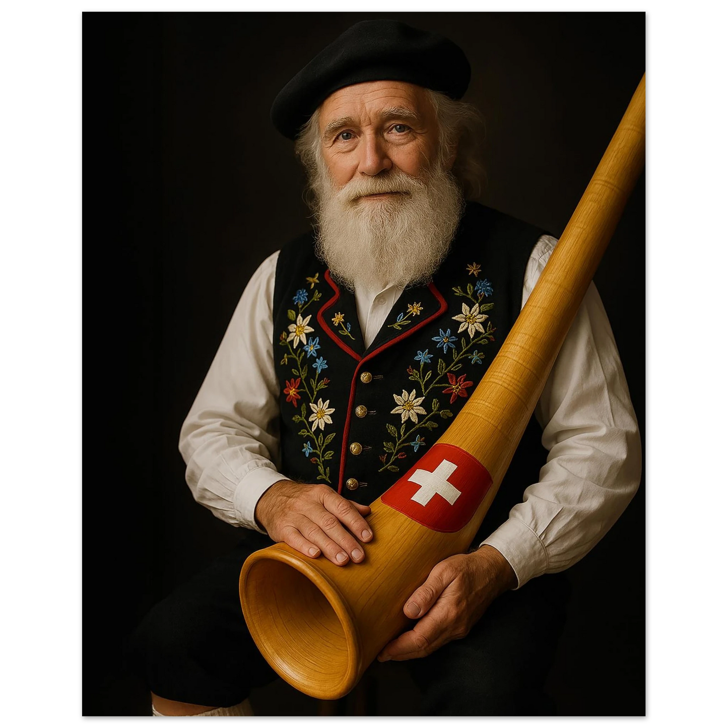 Traditional Swiss yodeler in embroidered Appenzeller outfit with polished alphorn featuring a Swiss flag emblem. This poster celebrates Swiss culture, perfect for rustic interiors, mountain homes, or folk art lovers. Printed on semi-glossy FSC-certified paper in sizes A4–A0 and 30×40 cm to 50×70 cm. High-quality wall decor made to order. Be proud. Be kind. Be wild – by Dezinbazar.