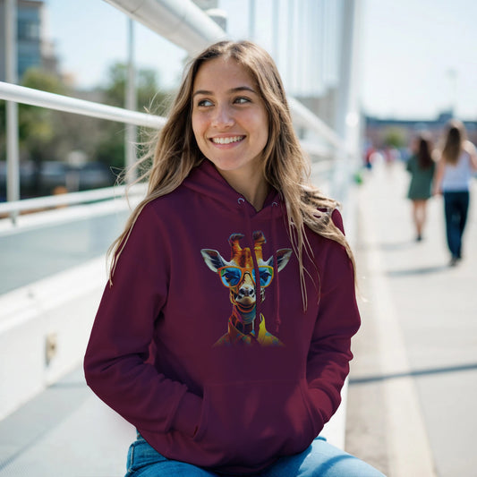 Unisex giraffe hoodie featuring a stylish and bold giraffe design. Soft cotton-poly blend for comfort and durability. Perfect for casual, sporty, or lounge outfits. Double-lined hood, kangaroo pocket, and ribbed cuffs for a modern streetwear look. Available in sizes S–3XL for men and women. Great for animal and fashion lovers who want a unique statement piece. Be proud. Be kind. Be wild – by Dezinbazar.