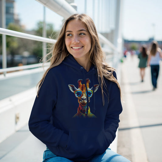 Unisex giraffe hoodie featuring a stylish and bold giraffe design. Soft cotton-poly blend for comfort and durability. Perfect for casual, sporty, or lounge outfits. Double-lined hood, kangaroo pocket, and ribbed cuffs for a modern streetwear look. Available in sizes S–3XL for men and women. Great for animal and fashion lovers who want a unique statement piece. Be proud. Be kind. Be wild – by Dezinbazar.
