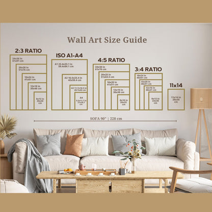 Wall art size guide showing different poster formats above a sofa. Includes common sizes like A5, A4, A3, A2, 30x40 cm, 50x70 cm, and more for easy size comparison. Helps customers visualize artwork dimensions in a real room setting. Ideal for printable art and home decor shoppers.