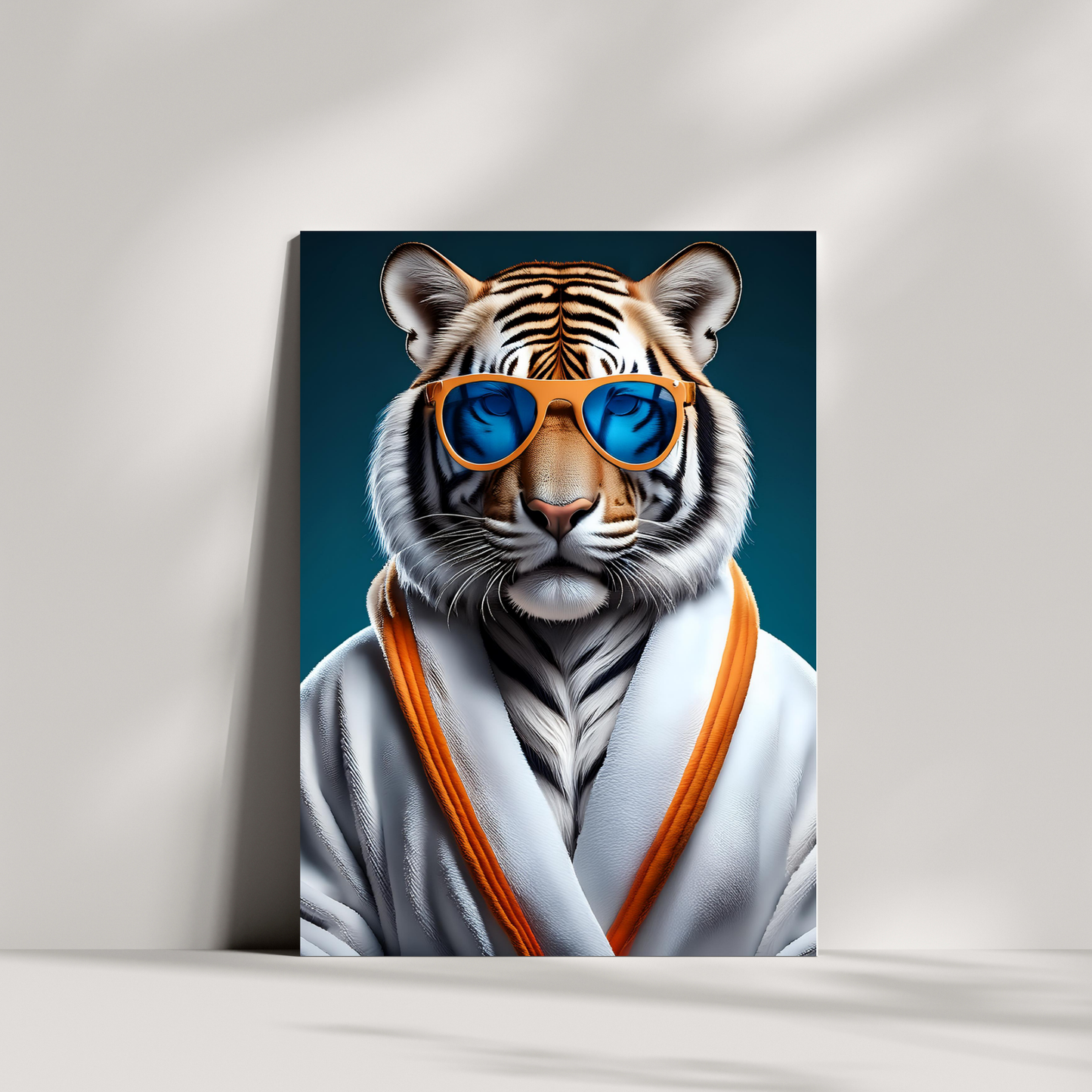 Weißer Wellness Tiger Digitalprint – Tiger im Bademantel | Hochauflösender Kunst Download