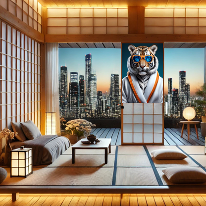 Weißer Wellness Tiger Digitalprint – Tiger im Bademantel | Hochauflösender Kunst Download