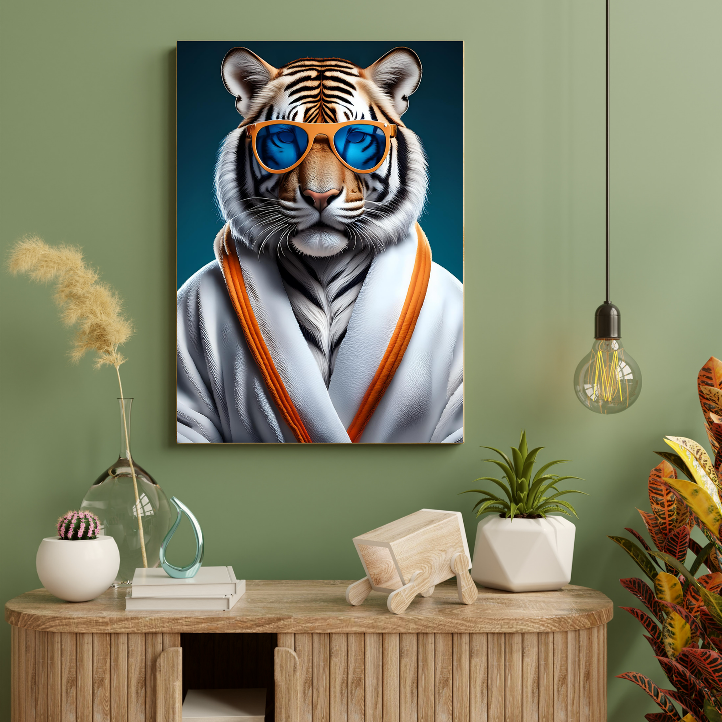 Weißer Wellness Tiger Digitalprint – Tiger im Bademantel | Hochauflösender Kunst Download