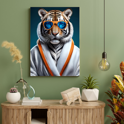 Weißer Wellness Tiger Digitalprint – Tiger im Bademantel | Hochauflösender Kunst Download