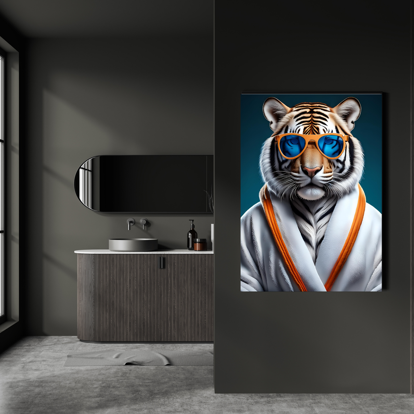 Weißer Wellness Tiger Digitalprint – Tiger im Bademantel | Hochauflösender Kunst Download