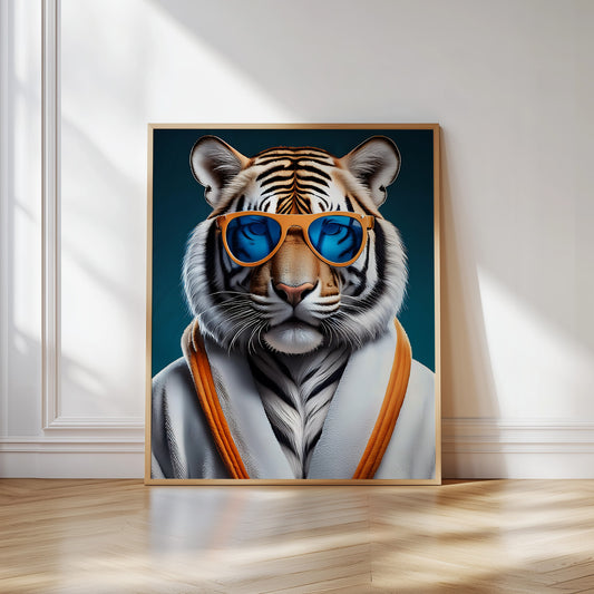 Stylish white tiger in a bathrobe – high-resolution digital print for instant download. A fun and elegant artwork that adds calm and character to bathrooms, living rooms, or spa spaces. Perfect gift for wellness lovers, design fans, or those who enjoy humorous art. Includes 300 DPI JPEG files in multiple sizes for easy printing at home or professionally. No physical item, frame, or decor included.