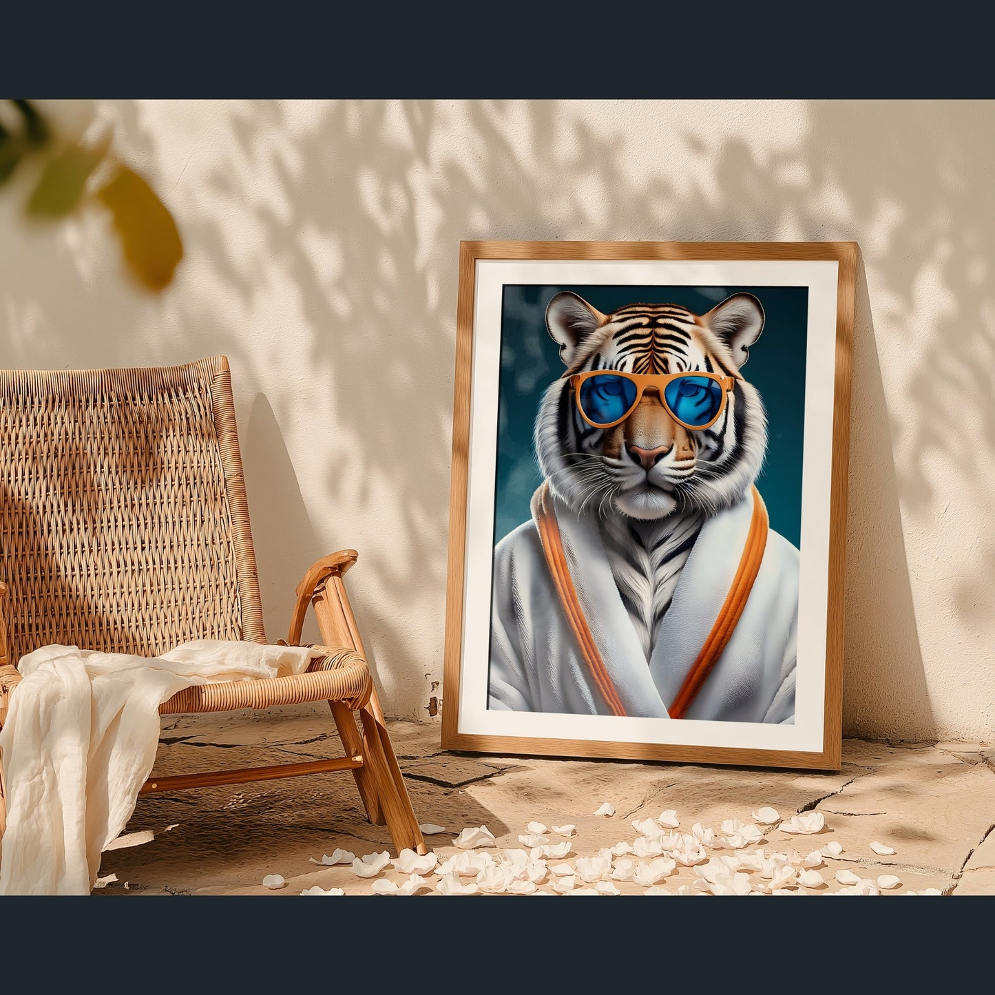 Tiger mit Bademantel Poster – Tiger mit Sonnenbrille Wandbild – Lustiges Tierposter – Moderne Wanddeko – Hochwertiges Kunstposter