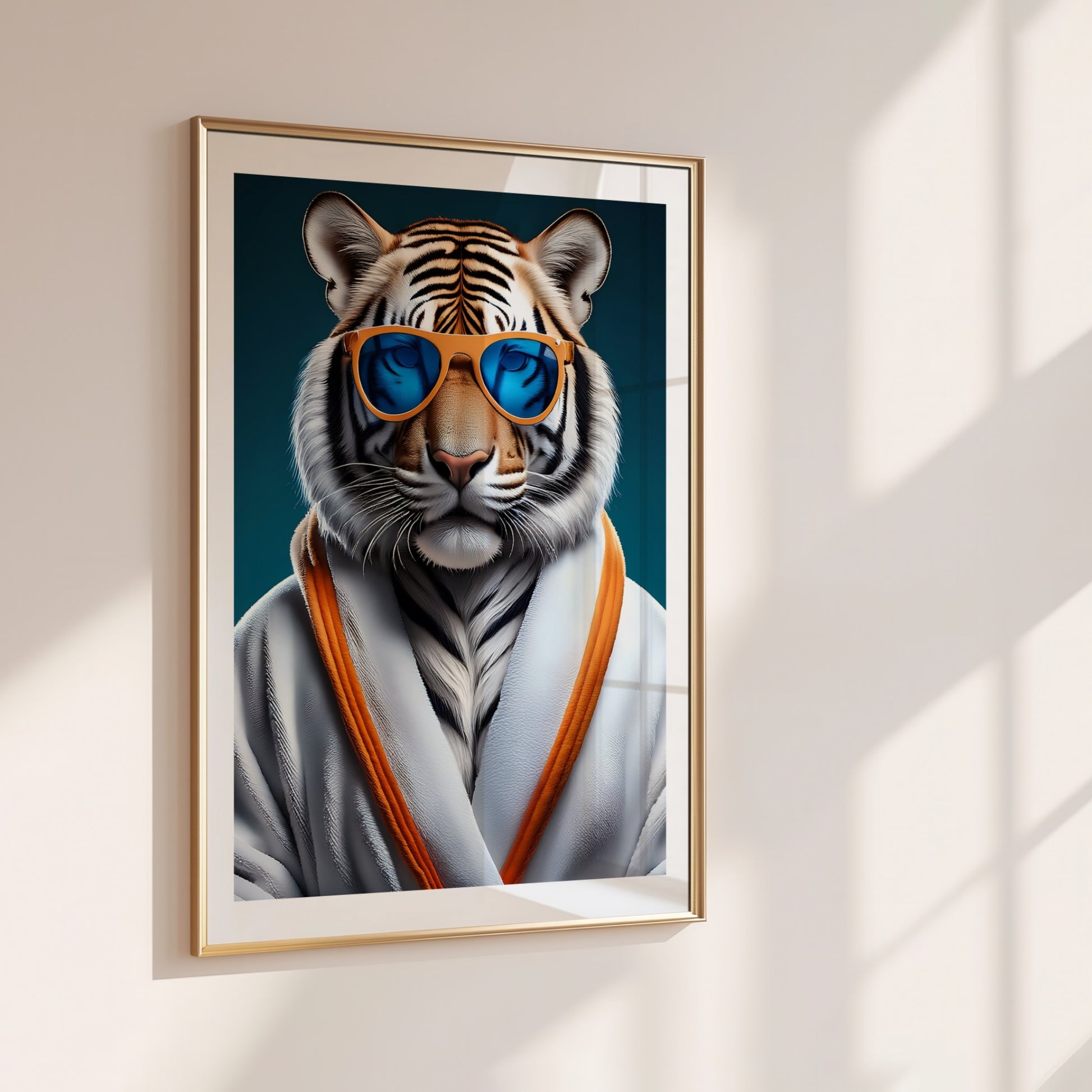 Tiger mit Bademantel Poster – Tiger mit Sonnenbrille Wandbild – Lustiges Tierposter – Moderne Wanddeko – Hochwertiges Kunstposter