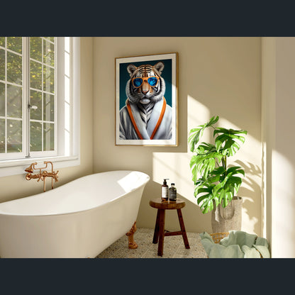 Tiger mit Bademantel Poster – Tiger mit Sonnenbrille Wandbild – Lustiges Tierposter – Moderne Wanddeko – Hochwertiges Kunstposter