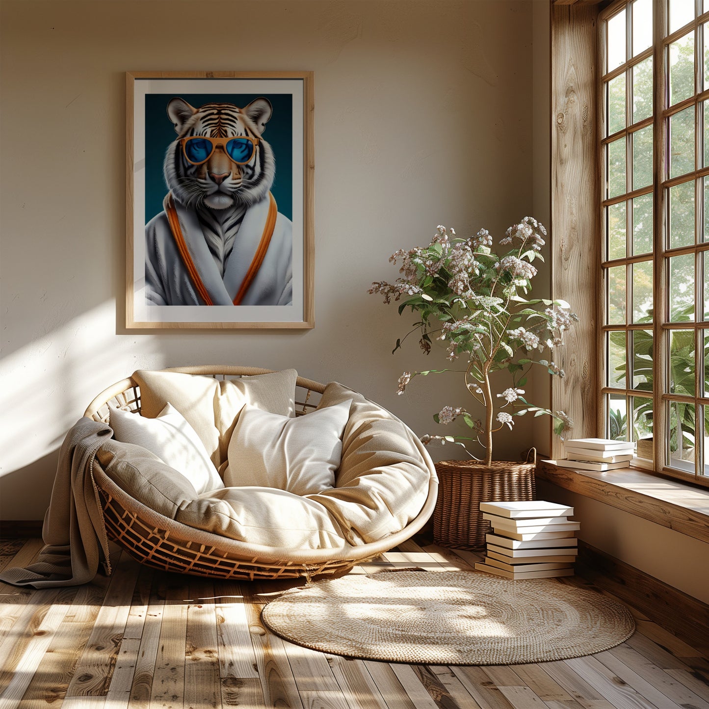 Tiger mit Bademantel Poster – Tiger mit Sonnenbrille Wandbild – Lustiges Tierposter – Moderne Wanddeko – Hochwertiges Kunstposter