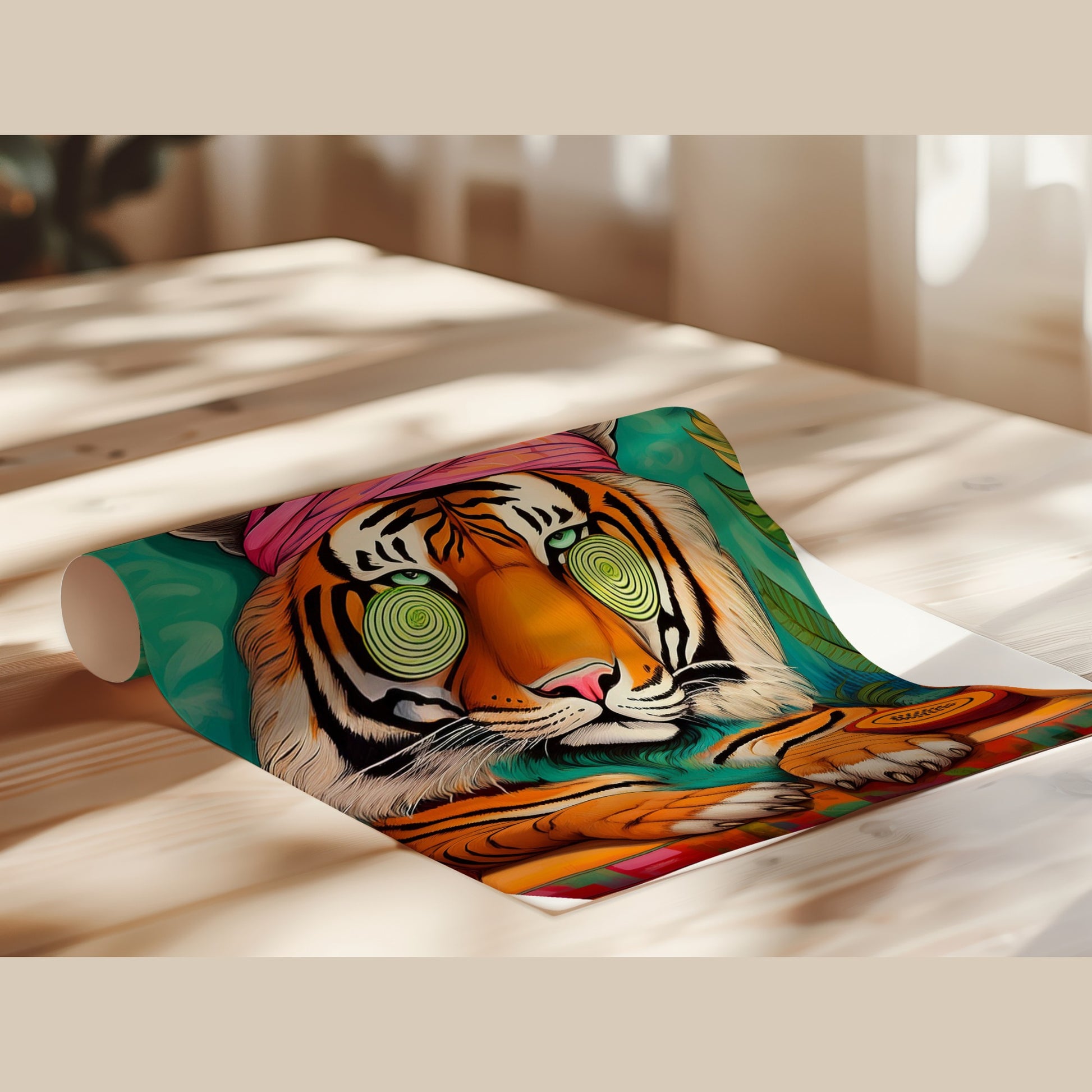 Wellness Tiger Poster – Entspannter Tiger im Bademantel | Digitale Kunst & Wanddeko
