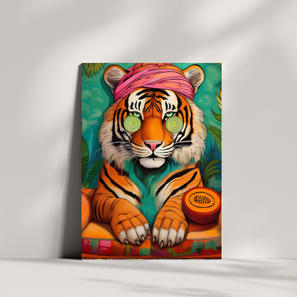 Wellness Tiger Digitalprint – Entspannter Tiger im Bademantel, Digitale Kunst zum Download, Entspannende Wandkunst für Zuhause