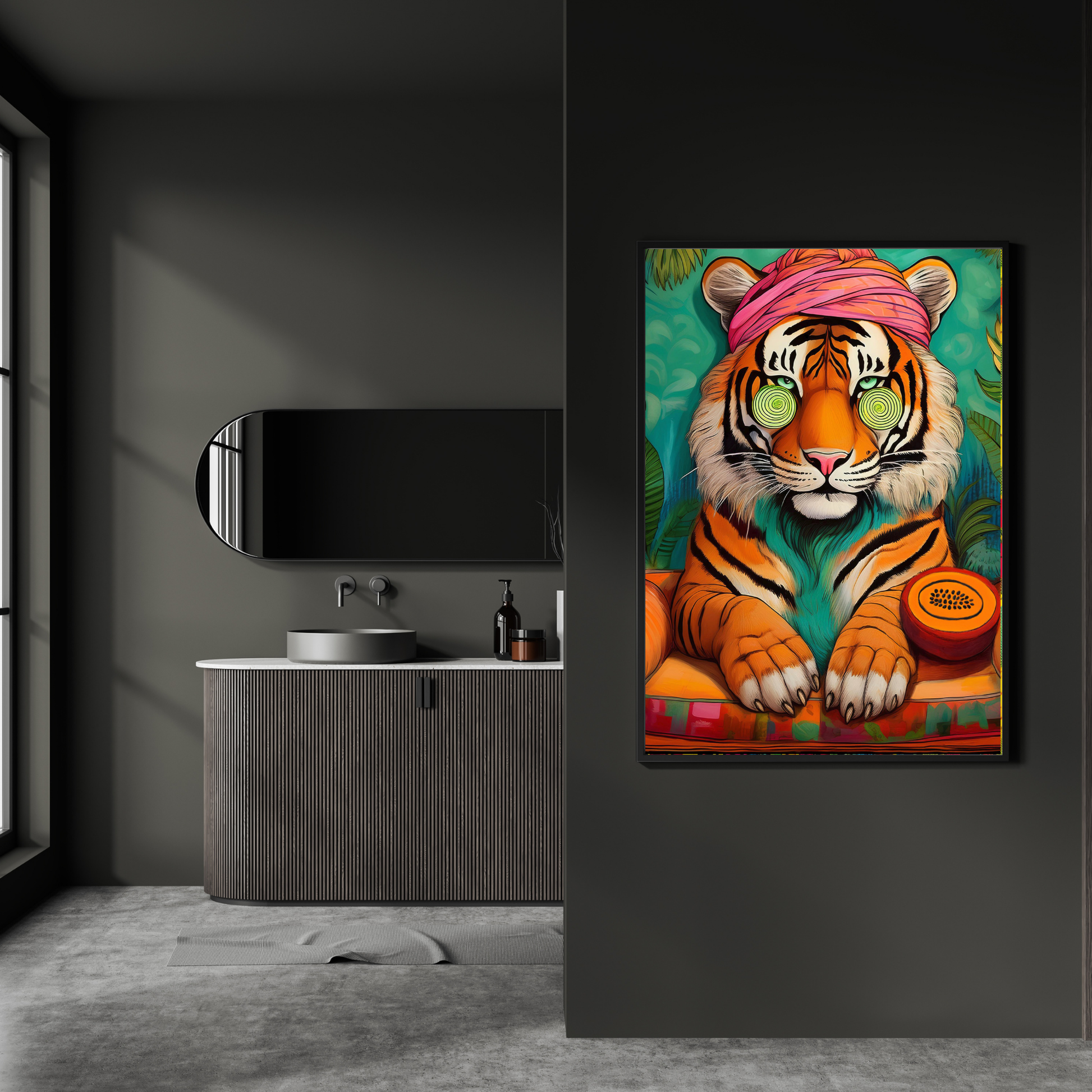 Wellness Tiger Digitalprint – Entspannter Tiger im Bademantel, Digitale Kunst zum Download, Entspannende Wandkunst für Zuhause