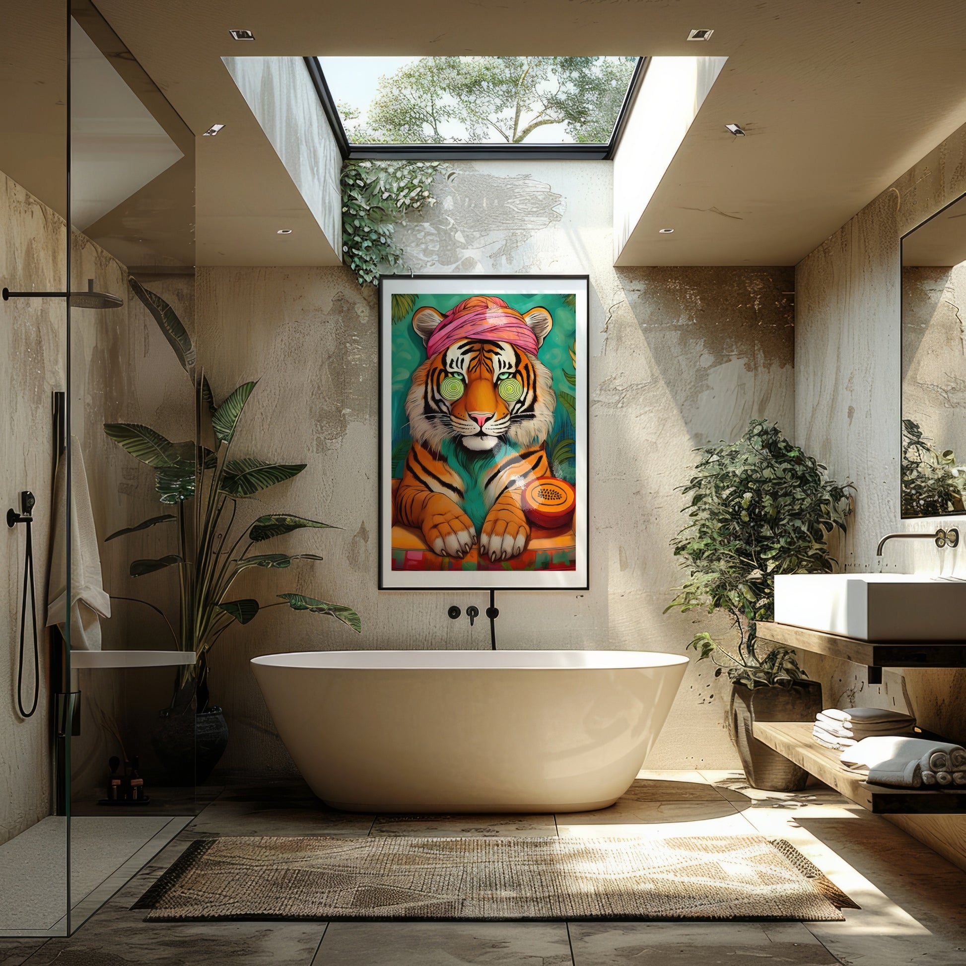 Wellness Tiger Poster – Entspannter Tiger im Bademantel | Digitale Kunst & Wanddeko