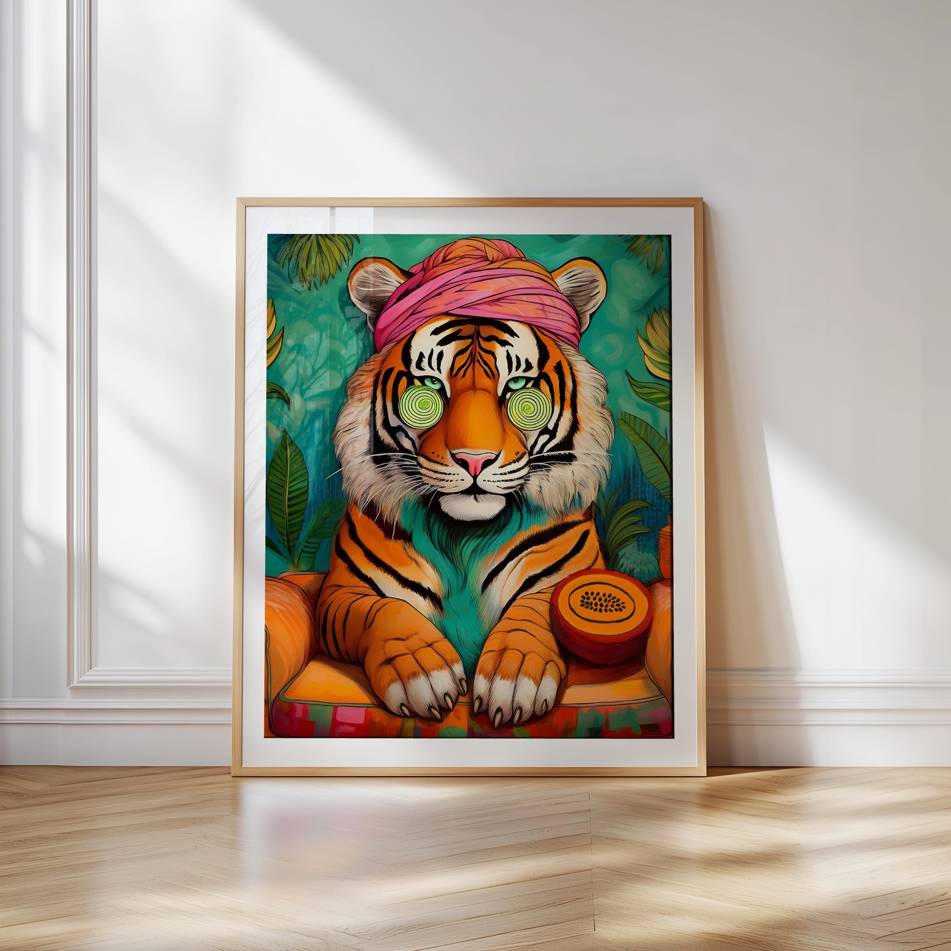 Digital print of a relaxed tiger wearing a pink turban, resting near a papaya. Surreal, colorful animal illustration blending wellness and humor. Ideal for yoga corners, bathrooms, meditation spaces, or dopamine decor lovers. This mindful artwork symbolizes inner peace, self-care, natural beauty, and stress relief. Great for printing in zen garden-inspired homes. High-resolution JPEG file. Instant download. Original art by Dezinbazar for calm, vibrant living.
