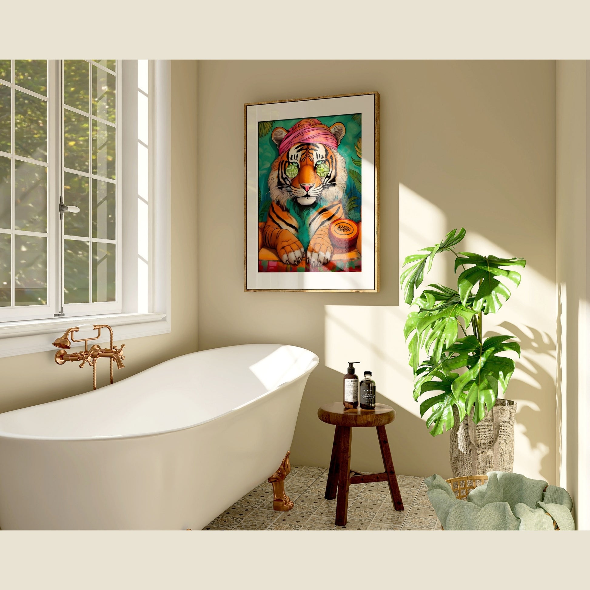Wellness Tiger Poster – Entspannter Tiger im Bademantel | Digitale Kunst & Wanddeko