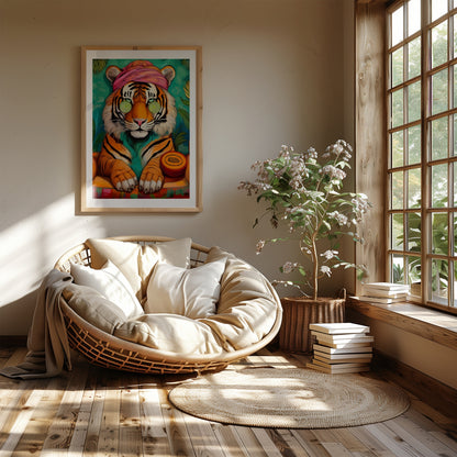 Wellness Tiger Poster – Entspannter Tiger im Bademantel | Digitale Kunst & Wanddeko